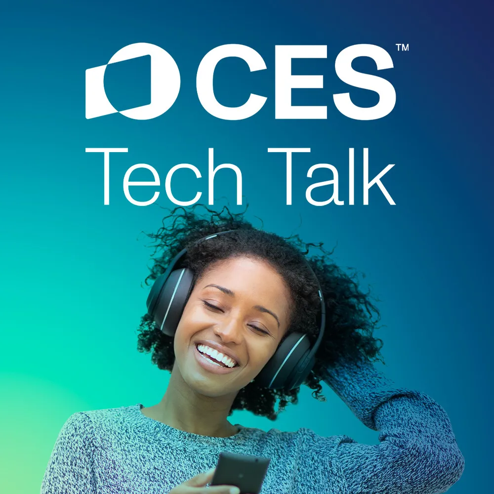 Alt: A woman with headphones smiling with a green to blue gradient with the CES Tech Talk logo above