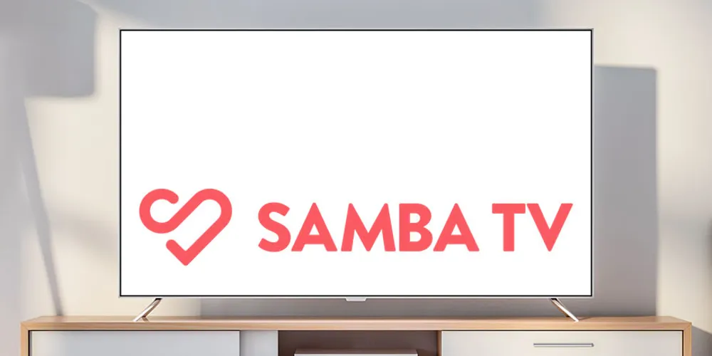 ALT Text: a plain background with the logo and brand name SAMBA TV displayed on the tv with white behind it.